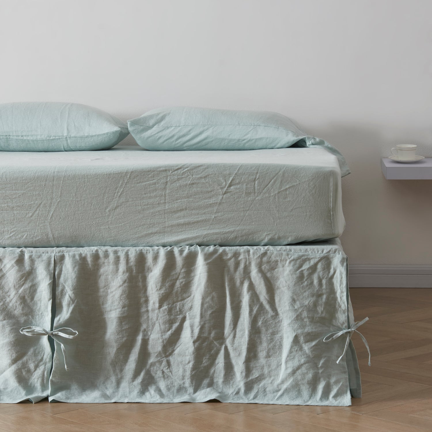 Pale Blue 100% Linen Side Pleated Bedskirt With Knots - linenforce