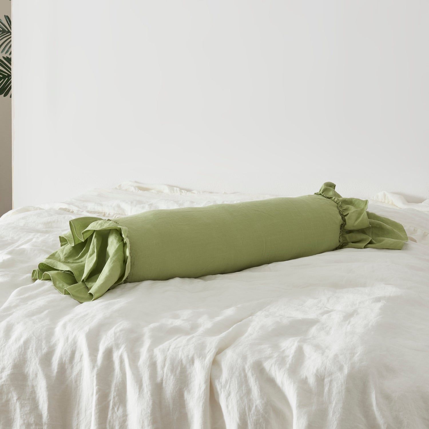 Matcha 100% Linen Ruffle Hem Bolster On Bed - linenforce