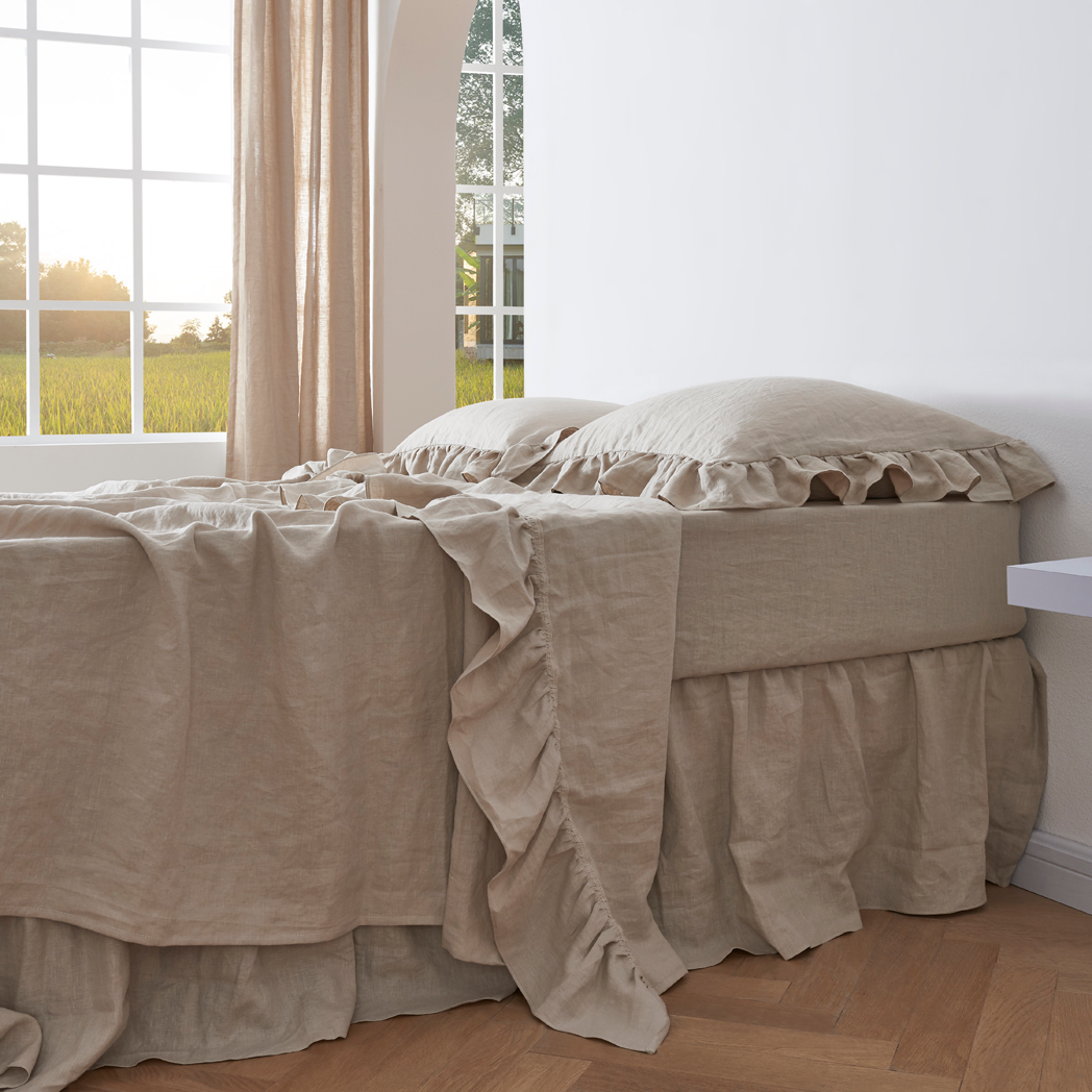 Natural 100% Linen Ruffle Hem Flat Sheet - linenforce