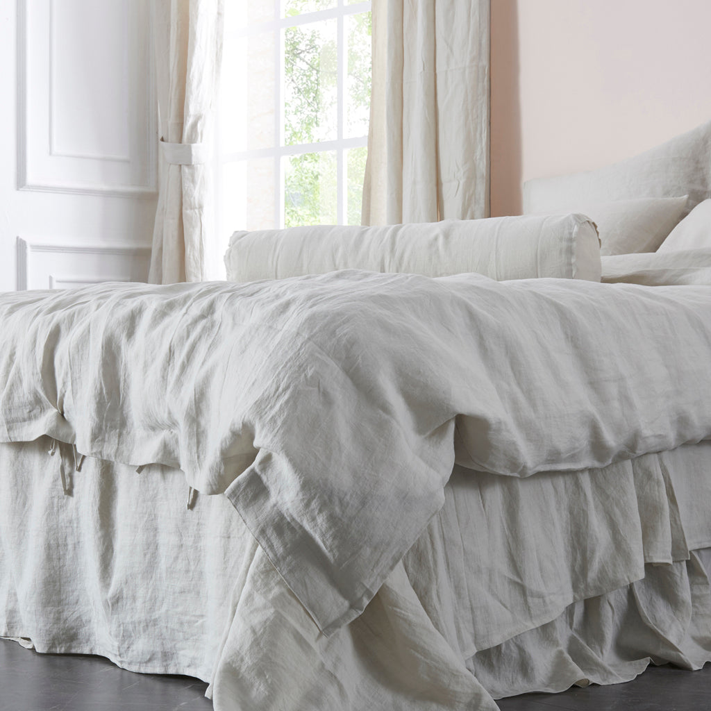 Corner of Cool Gray Linen Duvet Cover With Ties
