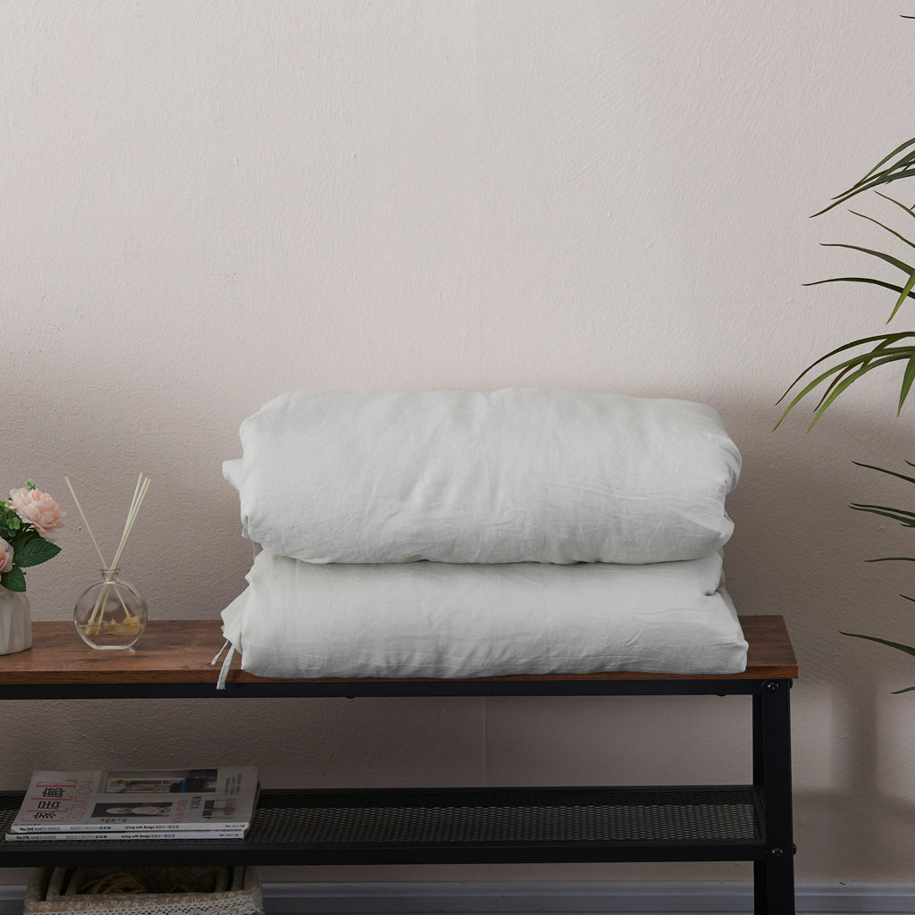 100% Linen Cool Gray Duvet Cover With Ties Folded on Bench