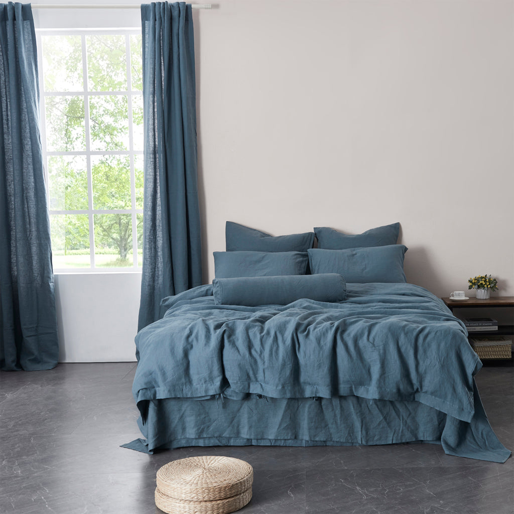 French Blue 100% Linen Duvet Cover With Ties on Bed