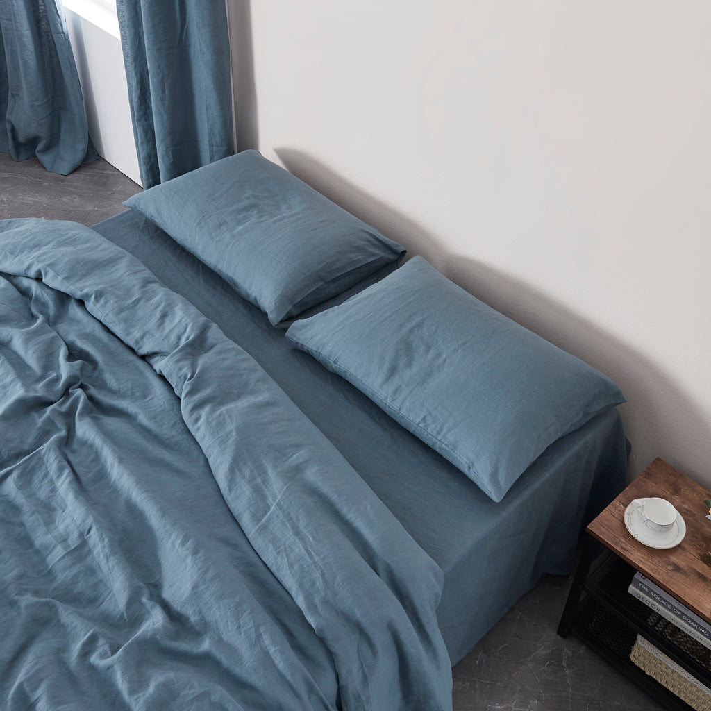 100% Linen French Blue Pillowcases on Bed