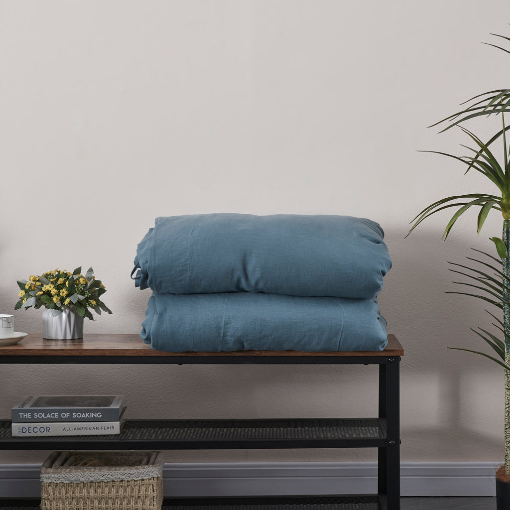 Folded French Blue Linen Duvet Cover With Ties