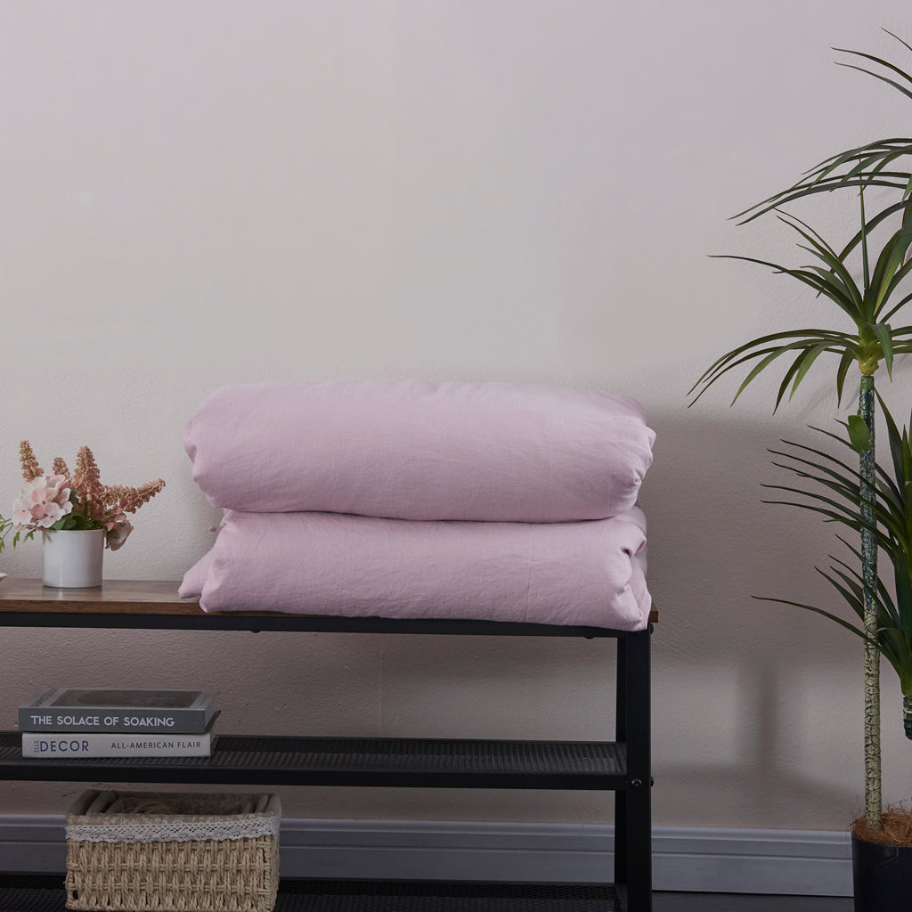 Folded Violet Linen Duvet Cover With Ties