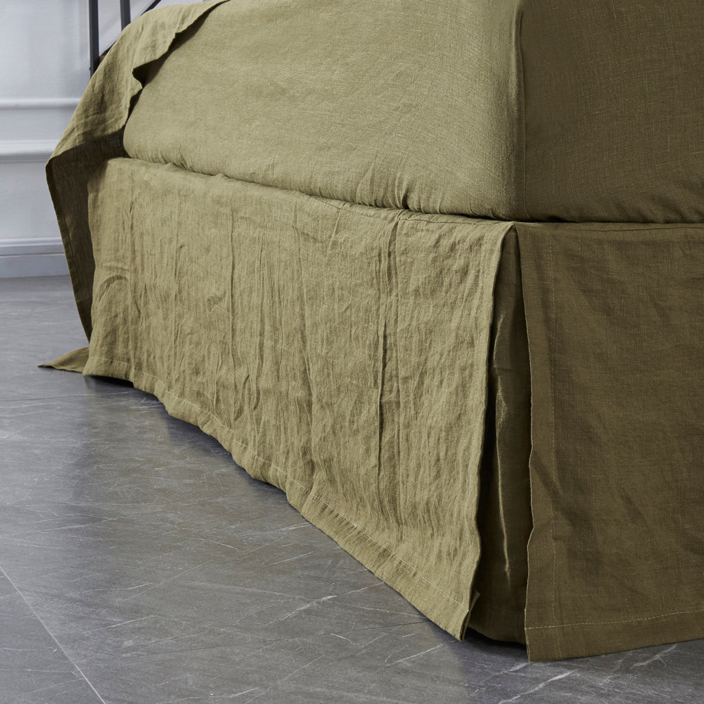 Split Corner Olive Green Linen Bedskirt