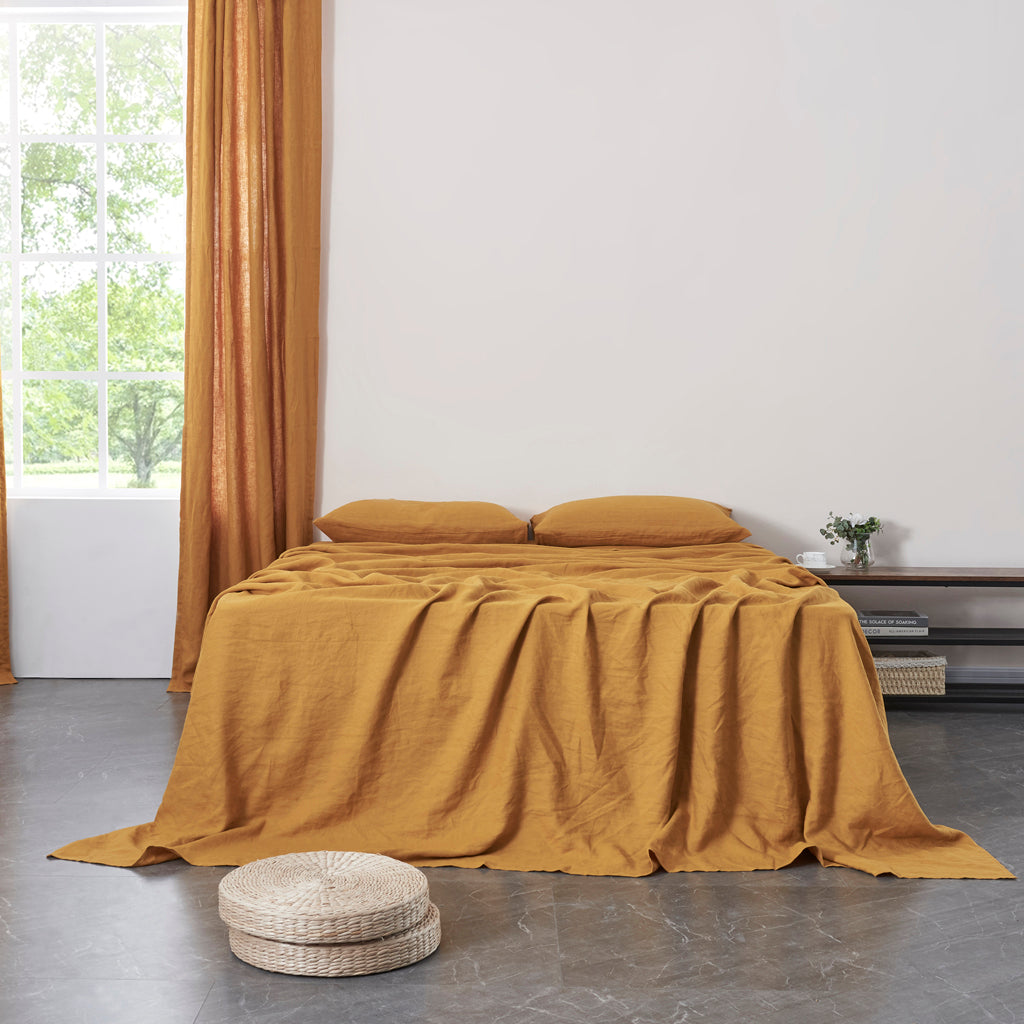 100% Linen Mustard Yellow Sheet on Bed