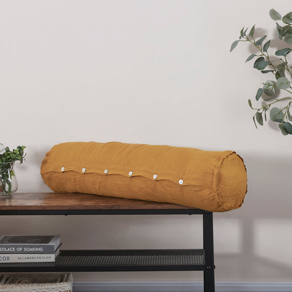 Mustard Buttoned Linen Bolster Pillow