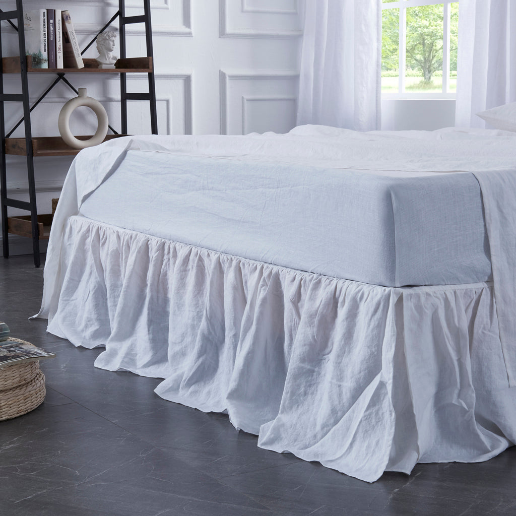 Optic White Gathered Linen Bedskirt on Bed
