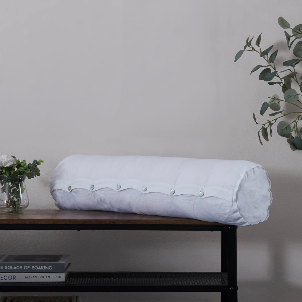 Optic White Buttoned Linen Bolster Pillow