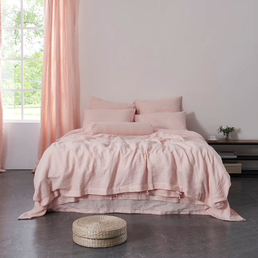 Front View Peach 100% Linen Duvet Cover with Ties - linenforce