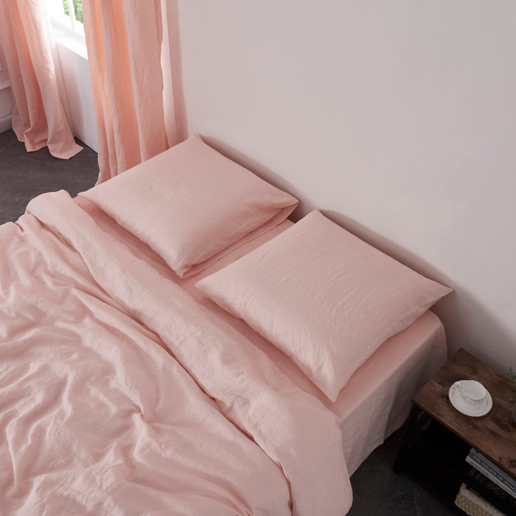 Peach 100% Linen Housewife Pillowcases Euro on Bed - linenforce
