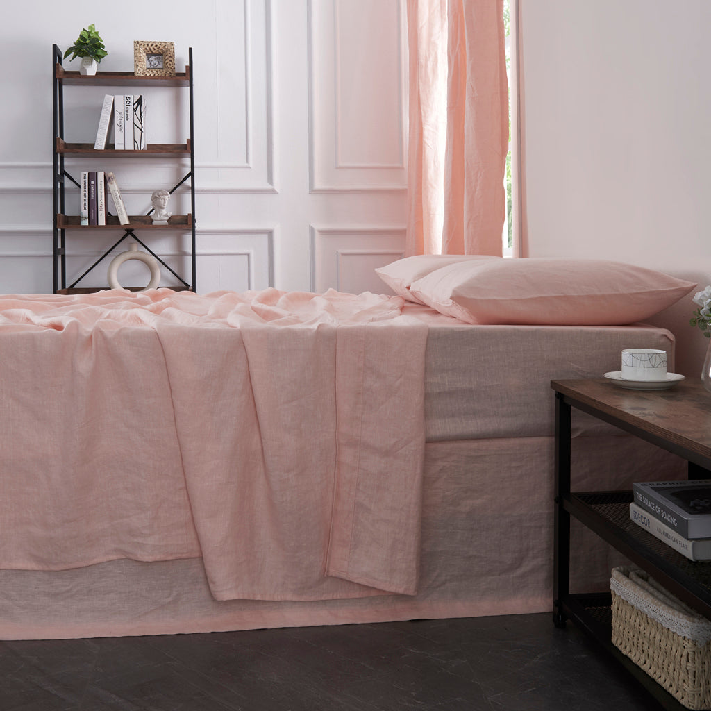 Side View Of Peach 100% Linen Flat Sheet - linenforce