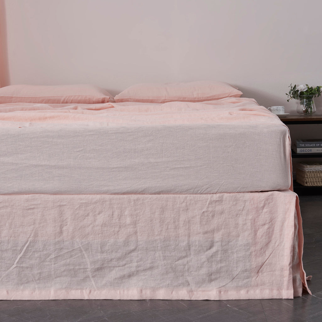 Front View Of Peach 100% Linen Bedskirt With Split Corner - linenforce