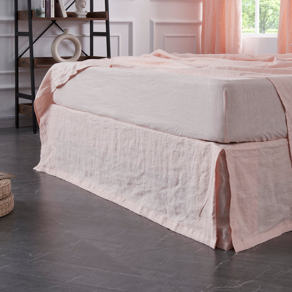 Side View Of Peach 100% Linen Bedskirt With Split Corner - linenforce