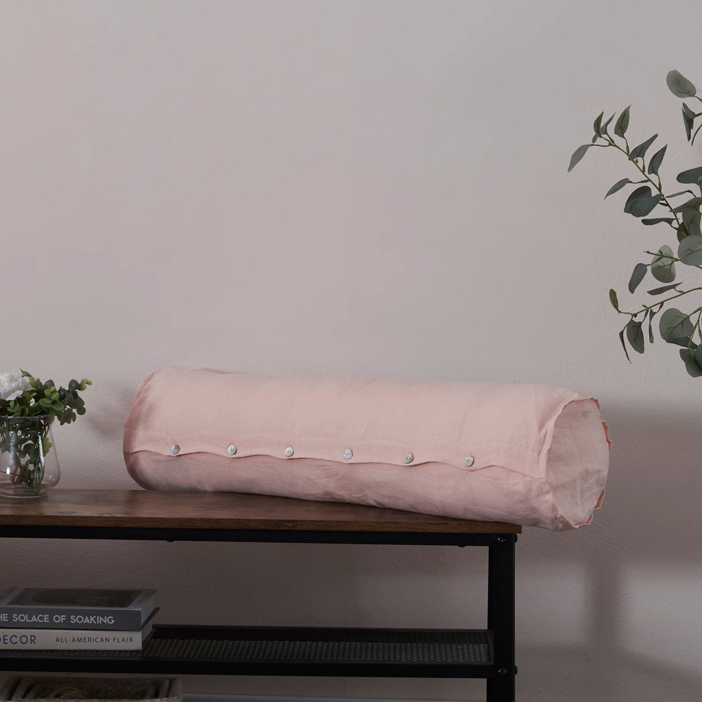 Peach 100% Linen Bolster on Bench - linenforce
