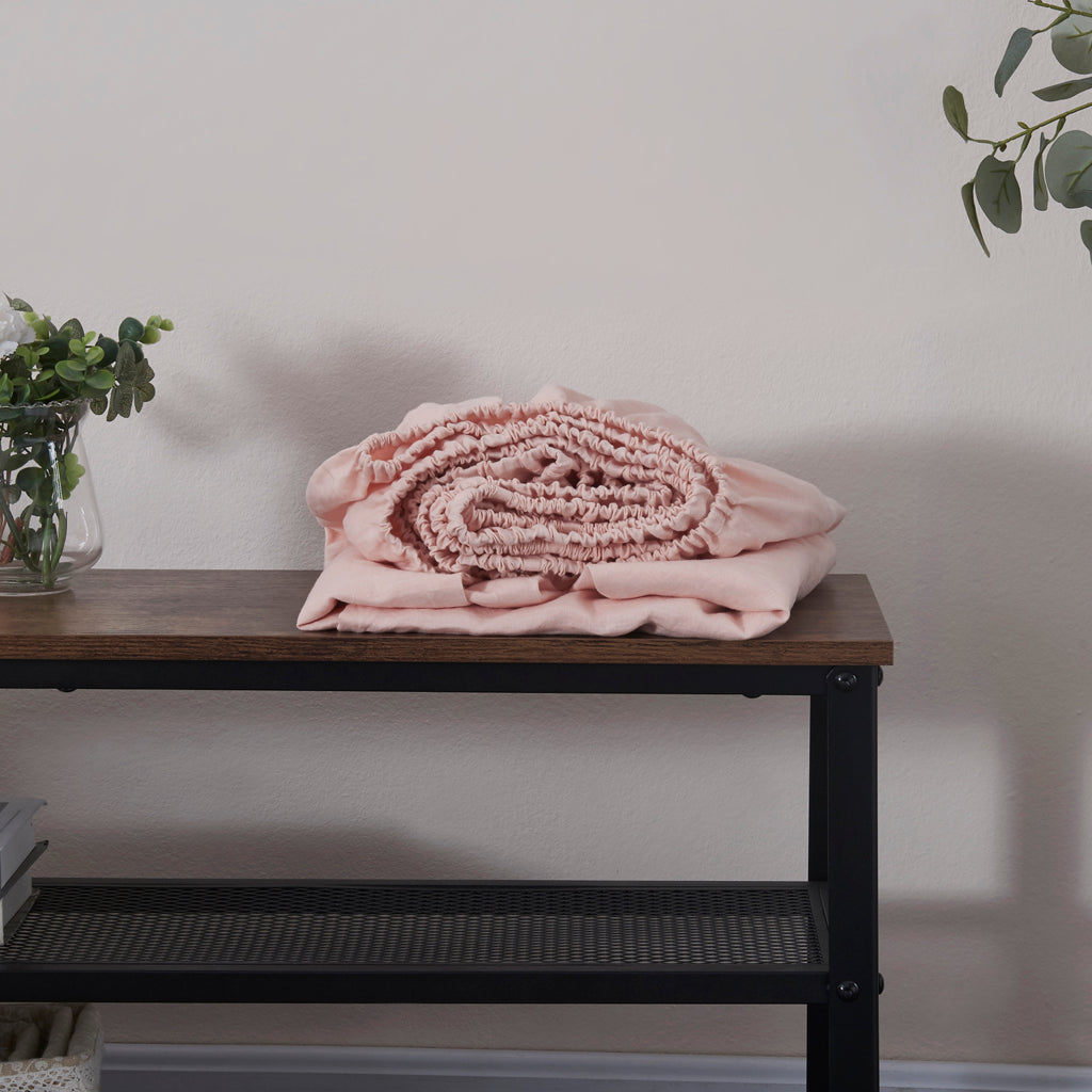 Peach 100% Linen Fitted Sheet On Bench - linenforce