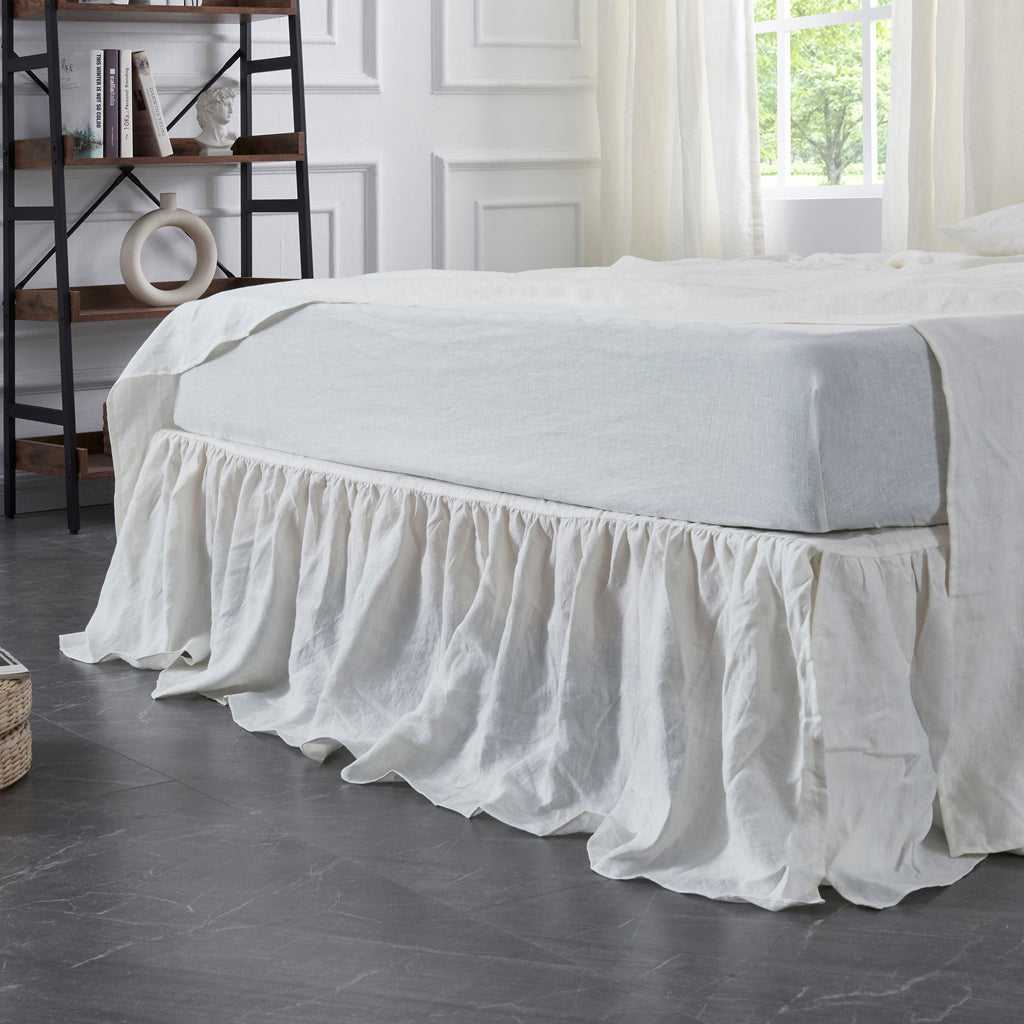 Ivory Gathered Linen Dust Ruffle on Bed