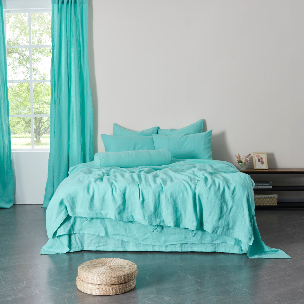Aqua Green 100% Linen Duvet Cover with Ties on Bed