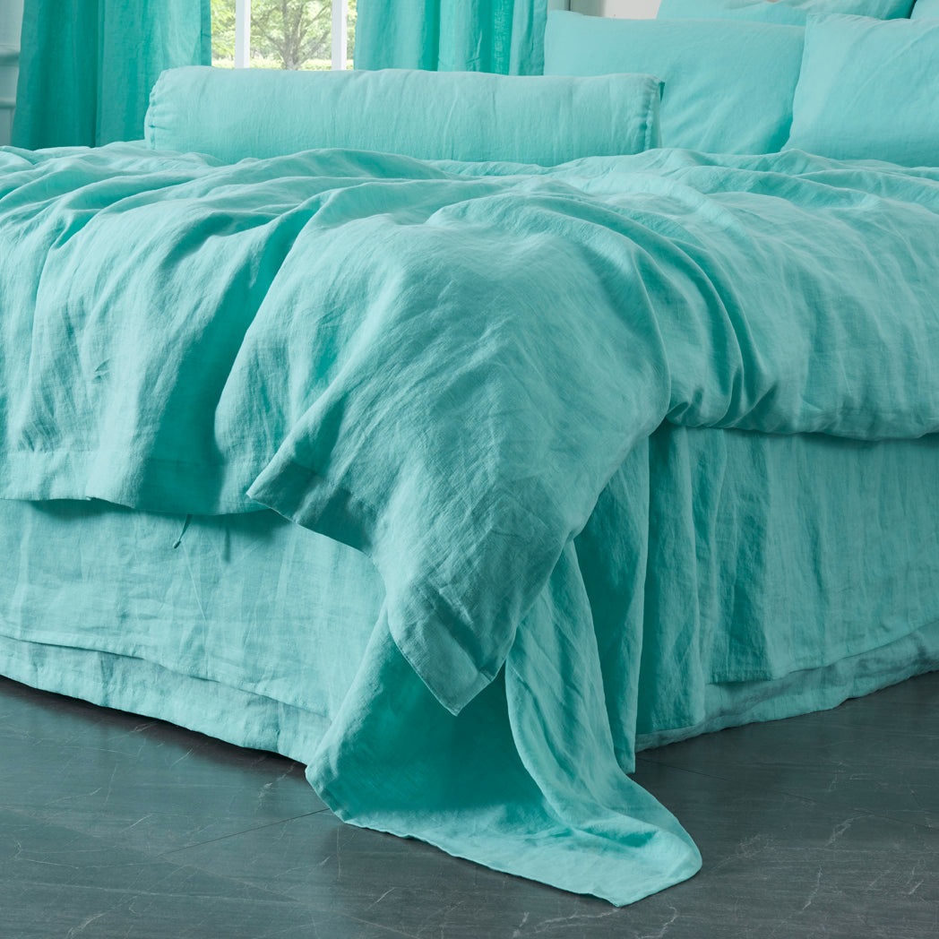 Corner of 100% Linen Duvet Cover With Ties Aqua Green