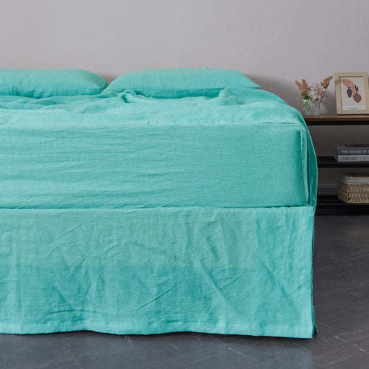 Aqua Green Linen Bedskirt With Split Corner