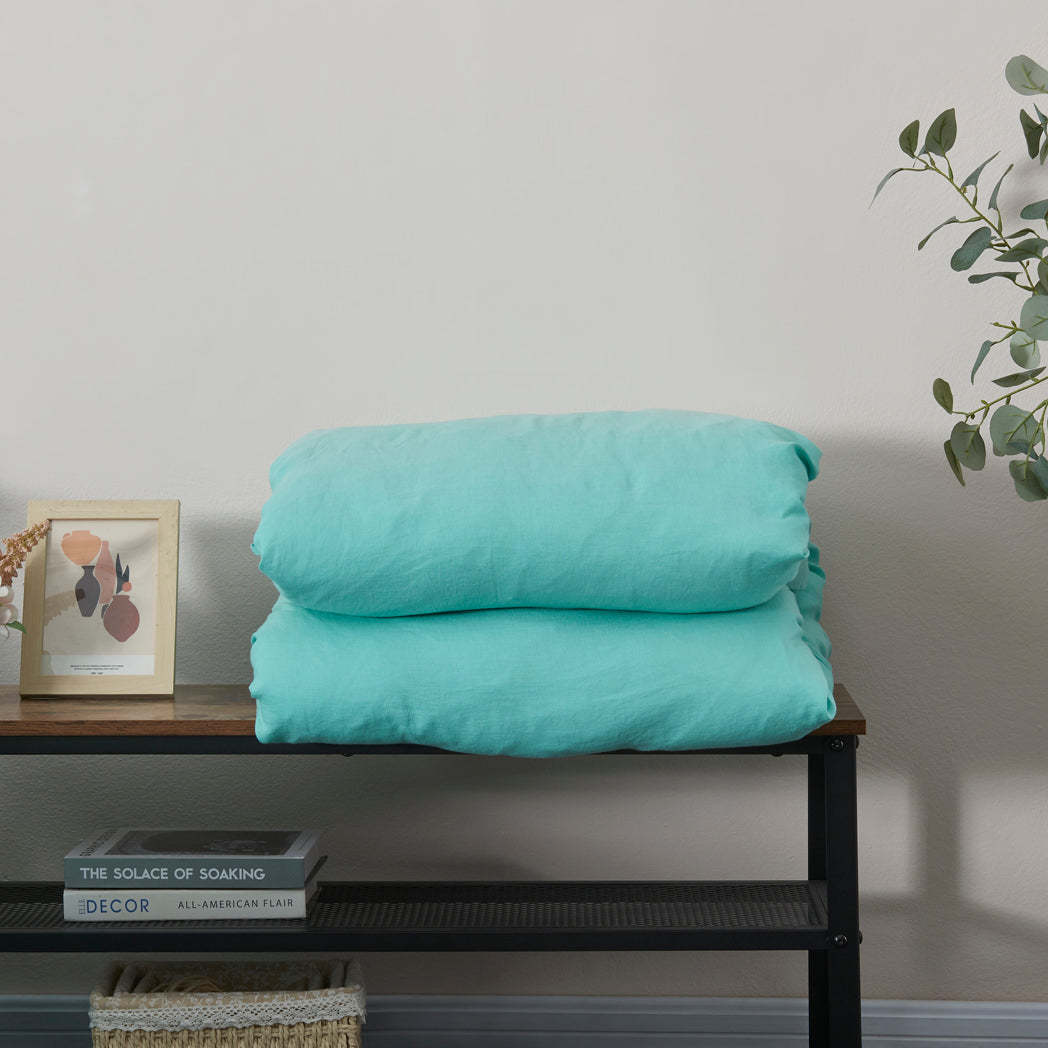 Folded Aqua Green 100% Linen Duvet Cover With Ties