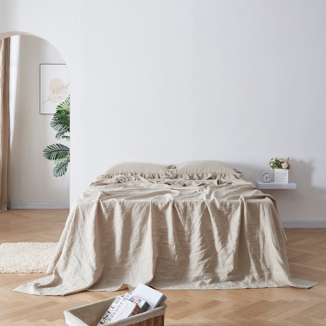 Natural Linen Flat Sheet with Ruffle Hem on Bed
