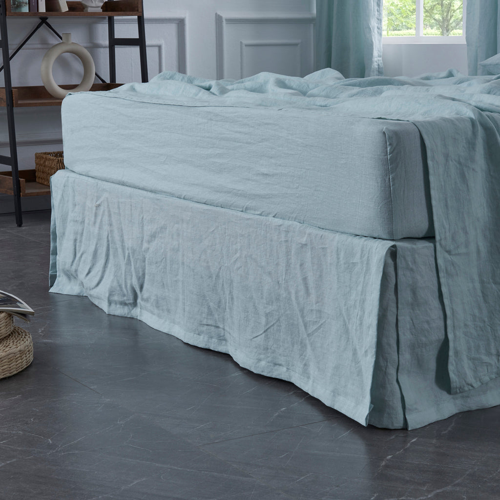 Split Corner Linen Bedskirt in Pale Blue