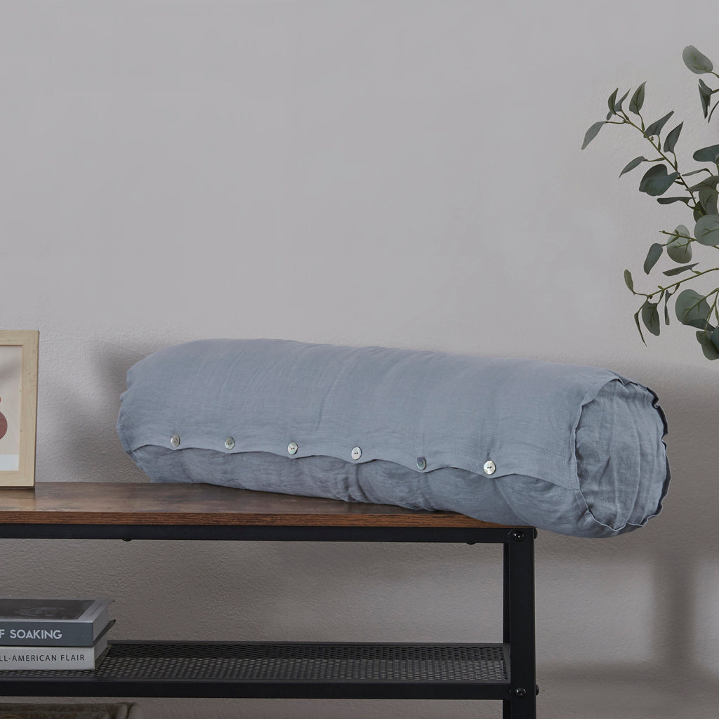 Alloy Grey 100% Linen Buttoned Bolster - linenforce