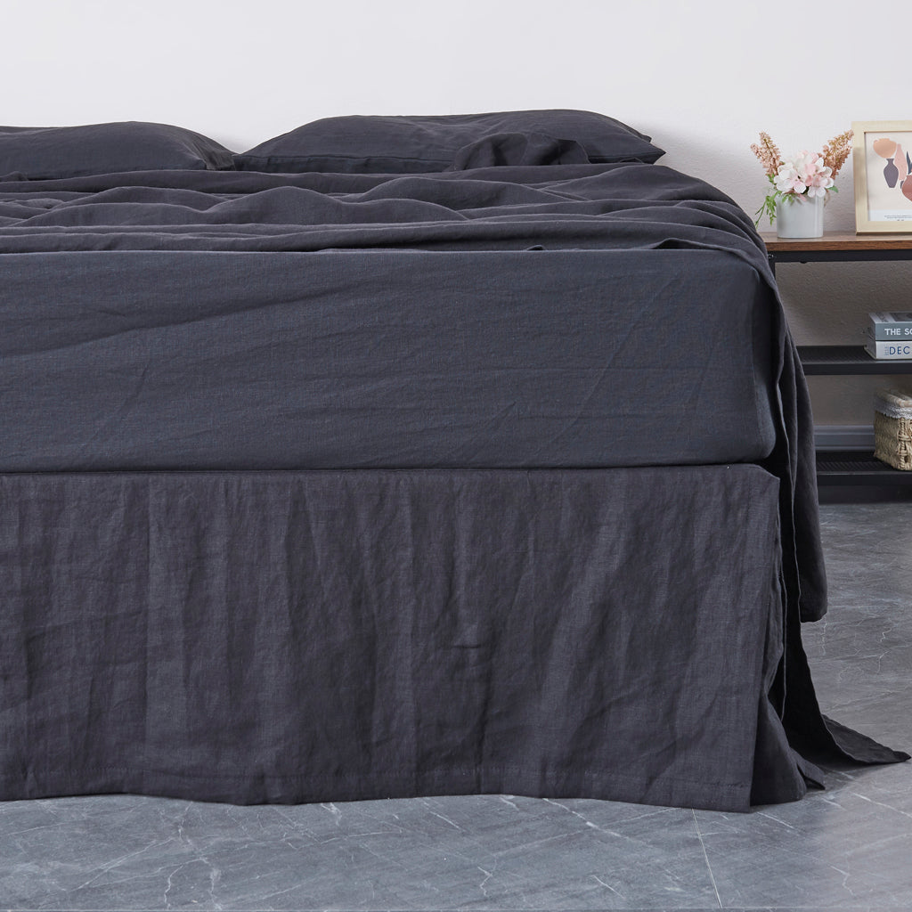 Front View of Black 100% Linen Bedskirt With Split Corner - linenforce