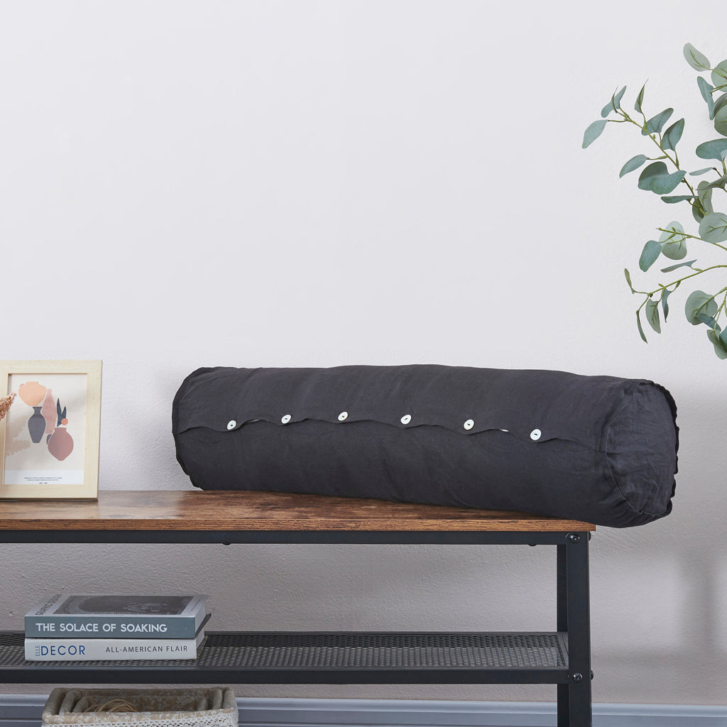 Buttoned Linen Bolster Pillow in Black