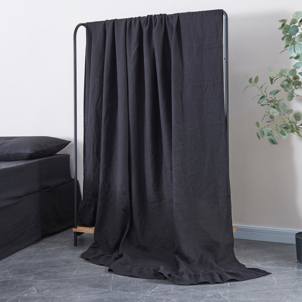 Black 100% Linen Ruffle Hem Flat Sheet on Shelf - linenforce