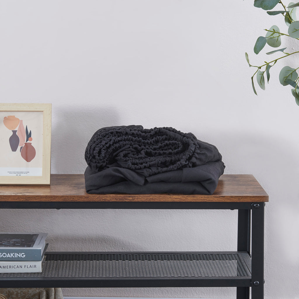 Black Linen Fitted Sheet on Bench