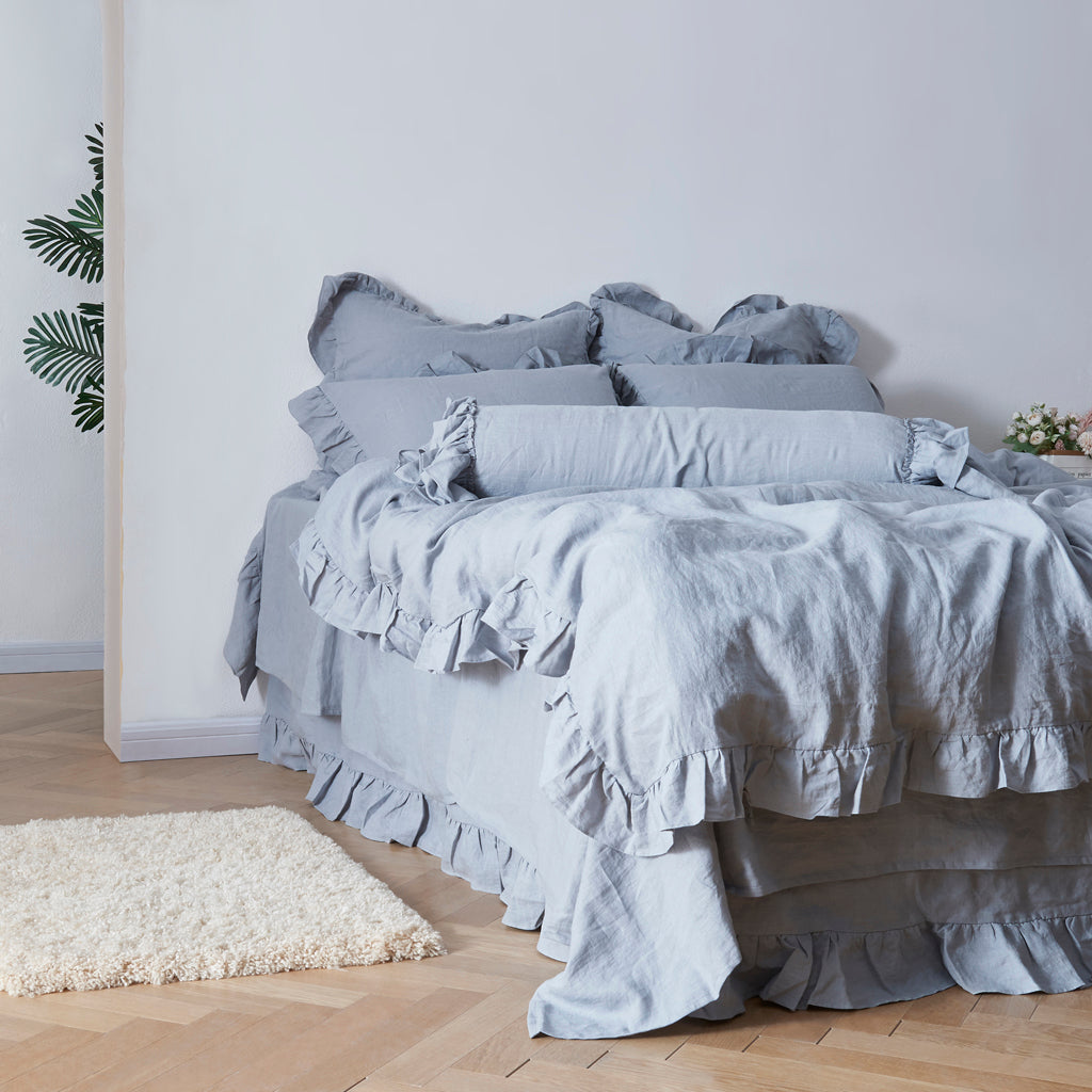 Side View Of 100% Linen Ruffle Hem Duvet Cover - linenforce