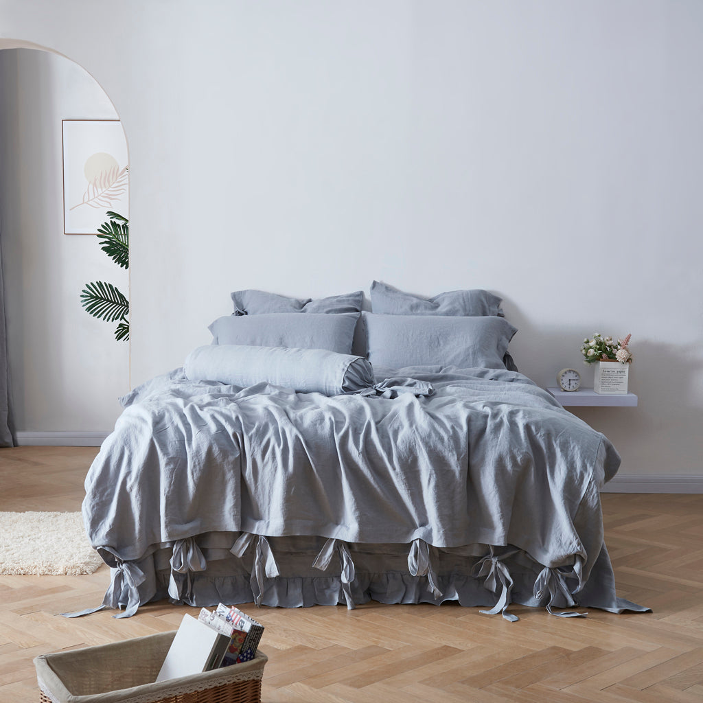 Front View Of Alloy Grey 100% Linen Duvet Cover With Bow Ties - linenforce