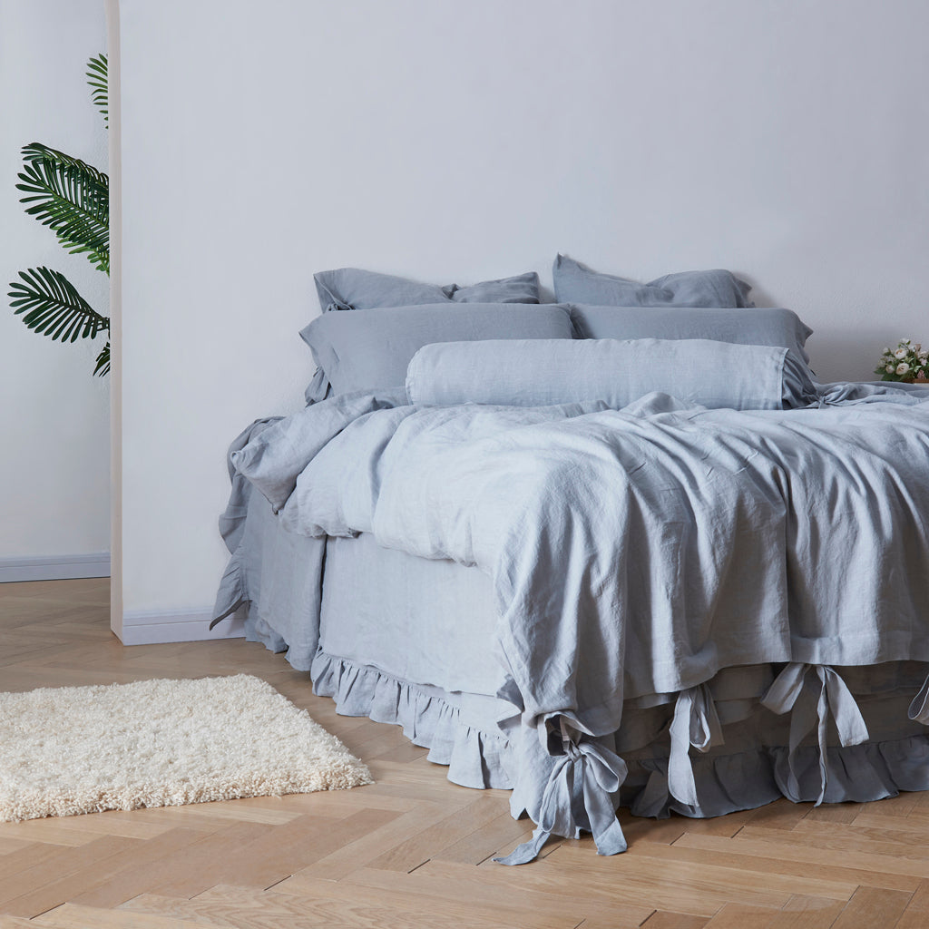 Side View Of 100% Linen Duvet Cover With Bow Ties - linenforce