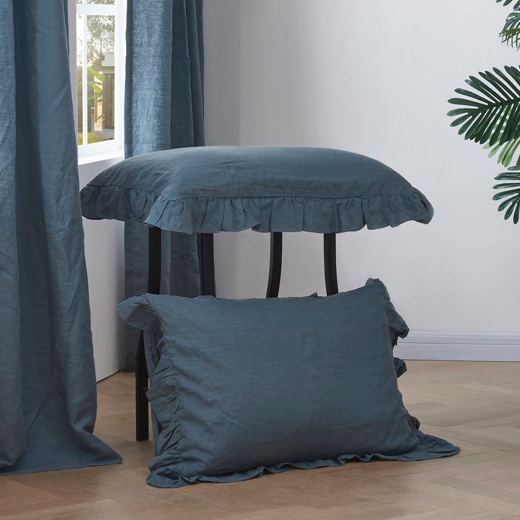 French Blue 100% Linen Ruffle Hem Pillowcases - linenforce