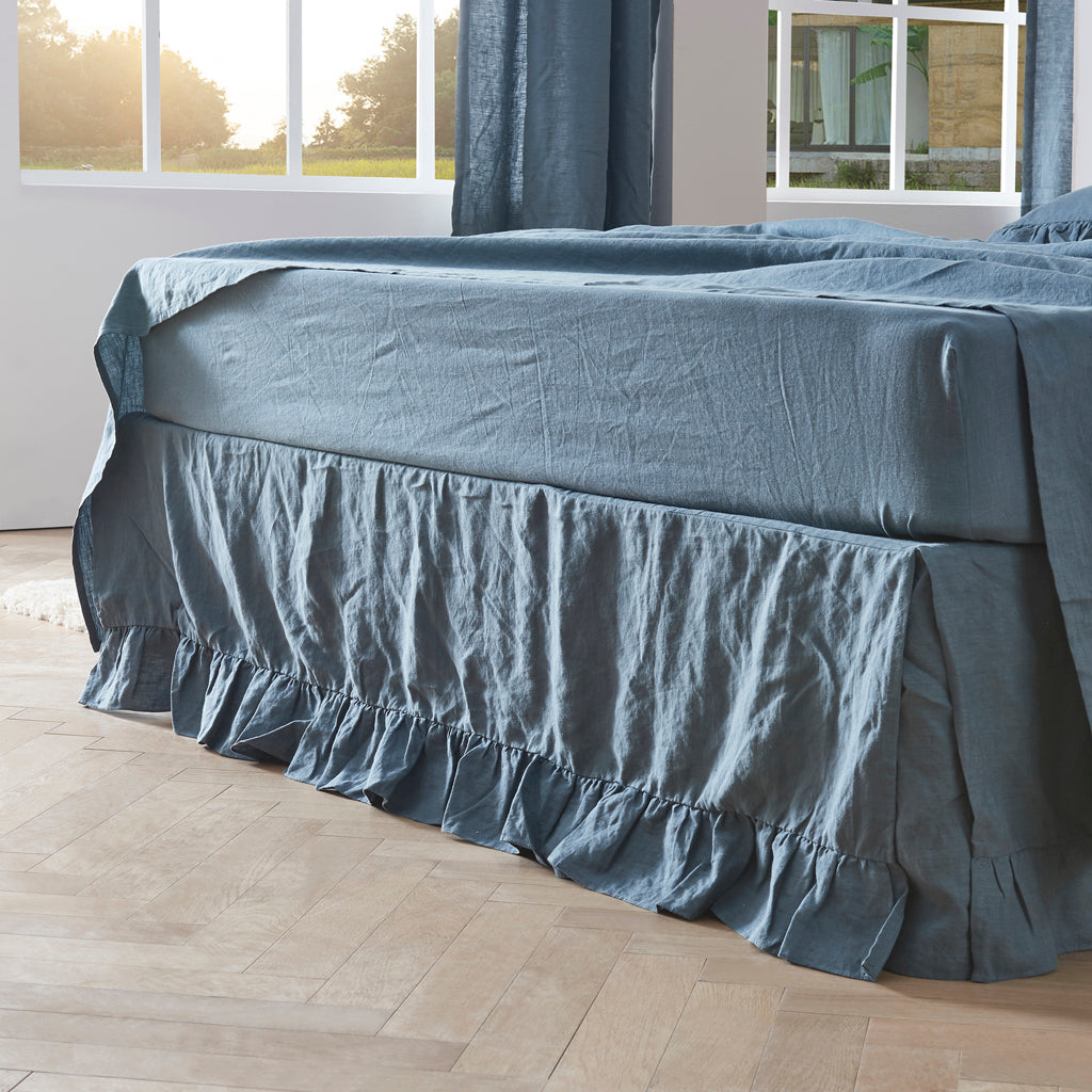Linen French Blue Bedskirt with Ruffle Hem