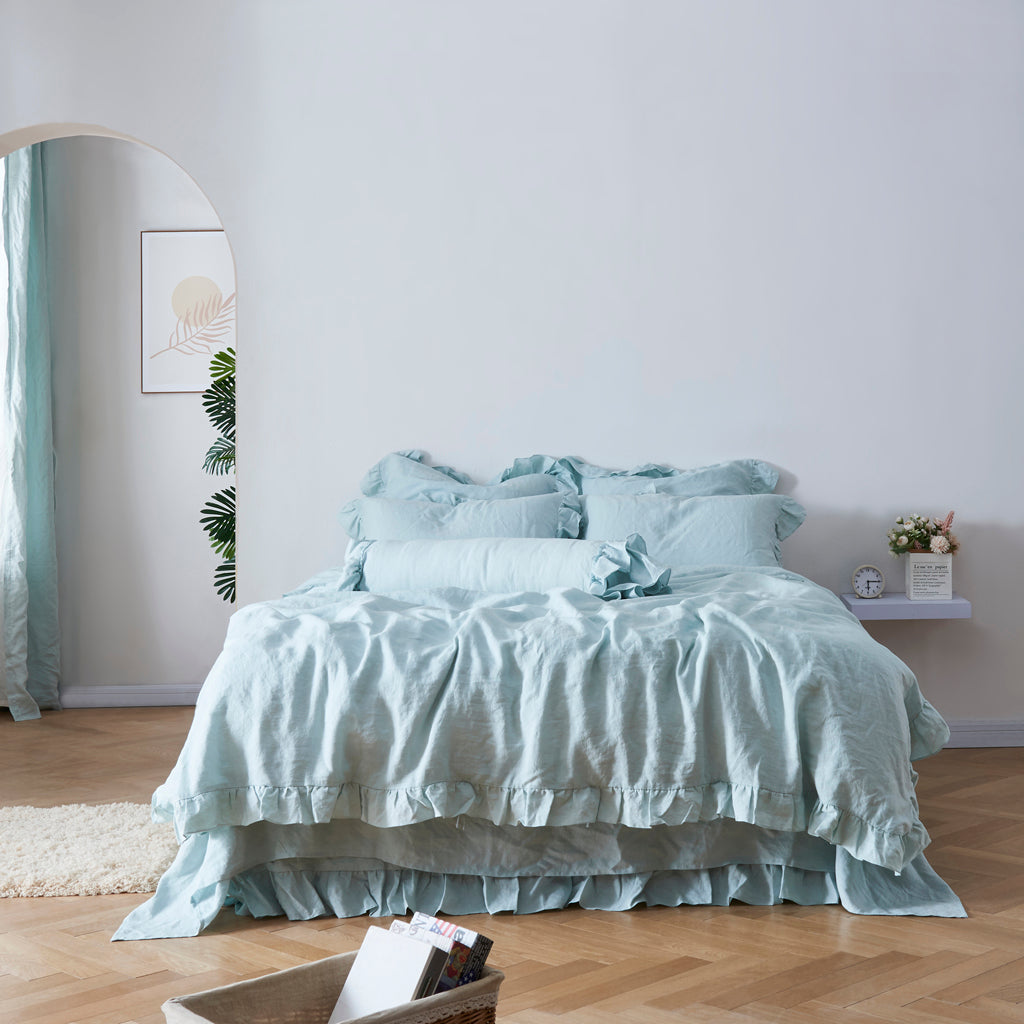 Pale Blue Linen Ruffle Hem Duvet Cover