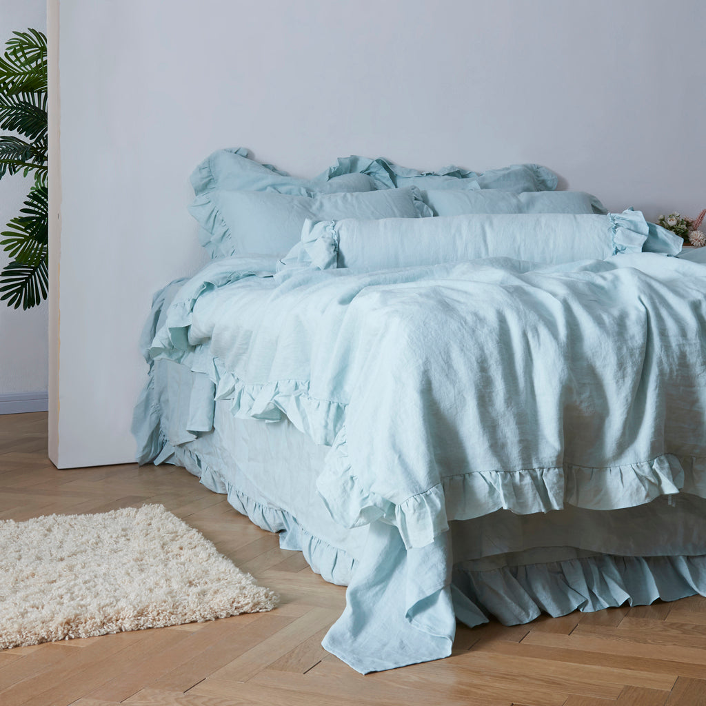Pale Blue Linen Duvet Cover with Ruffle Hem