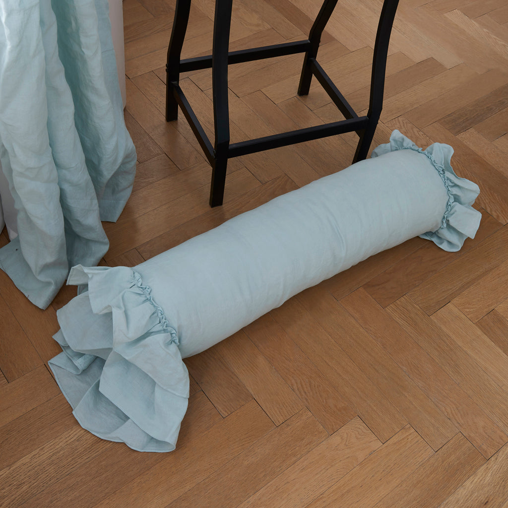 Pale Blue Linen Ruffle Hem Bolster Pillow