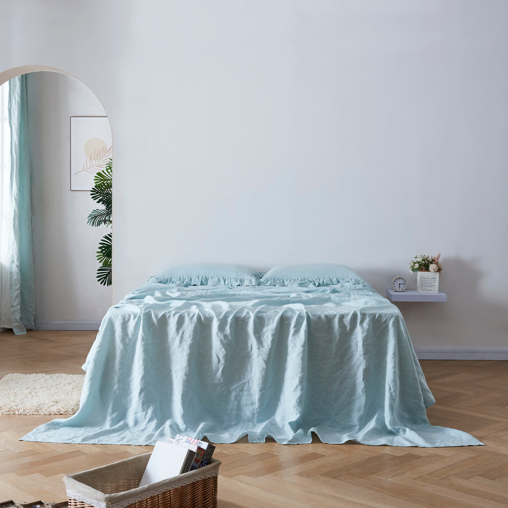 Front View Of Pale Blue 100% Linen Ruffle Hem Flat Sheet - linenforce