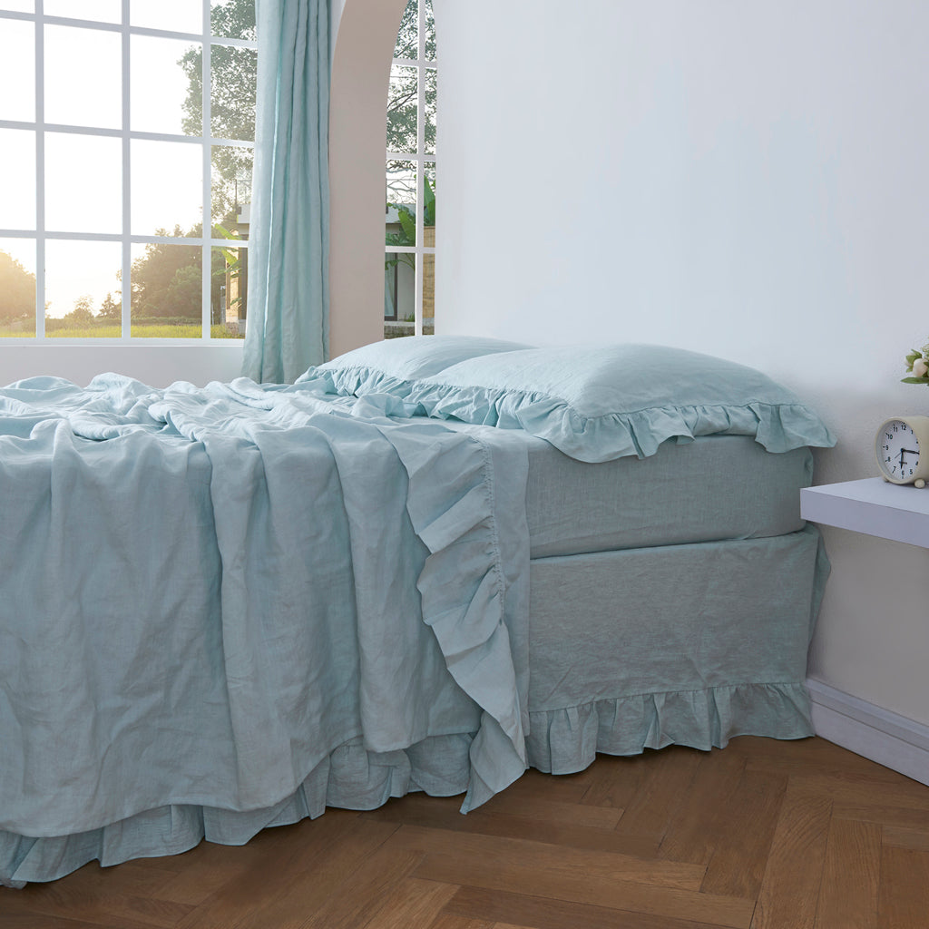 Close Up View Of Pale Blue 100% Linen Ruffle Hem Flat Sheet - linenforce