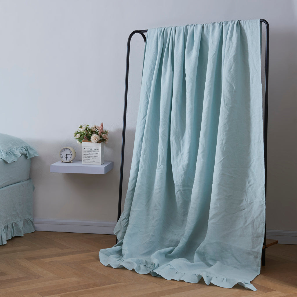 Pale Blue 100% Linen Ruffle Hem Flat Sheet - linenforce