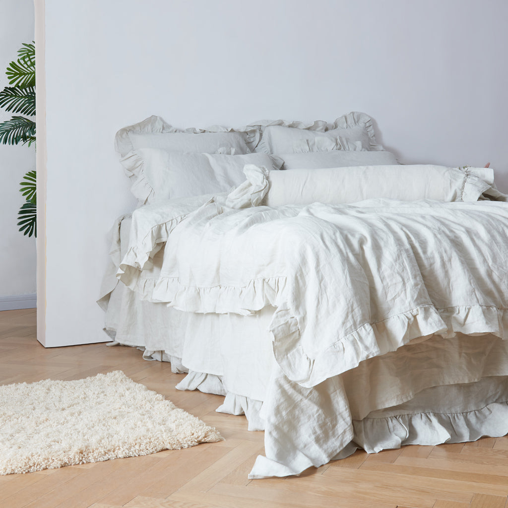 Cool Gray Linen Duvet Cover with Ruffle Hem