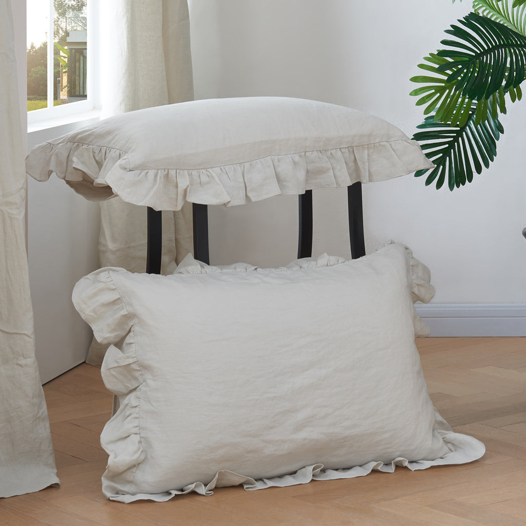 Cool Gray Linen Pillowcases with Ruffle Hems