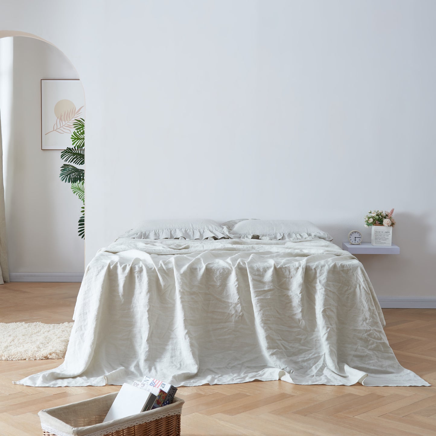 Cool Gray Linen Flat Sheet with Ruffle Hem on Bed