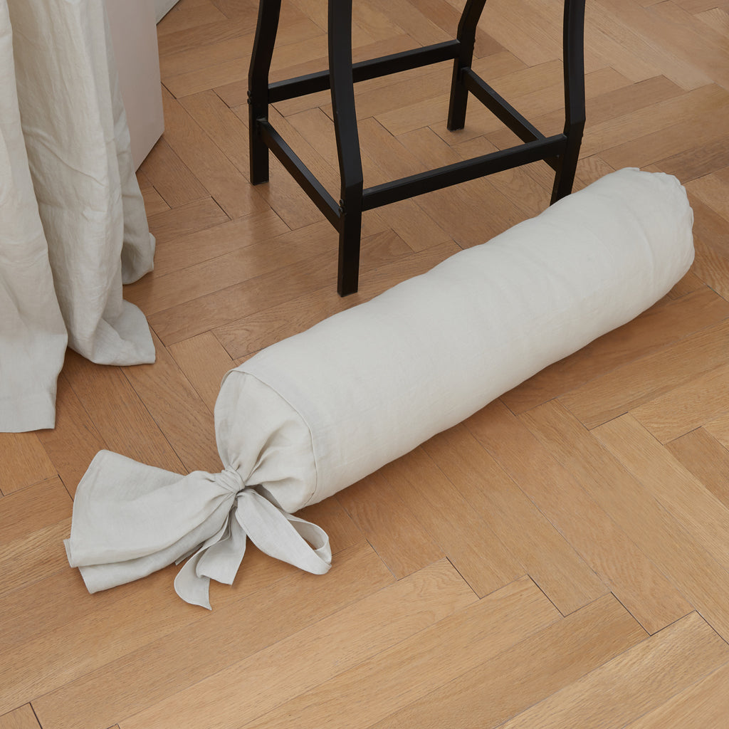 Cool Gray Linen Bolster Pillow with Bow Ties