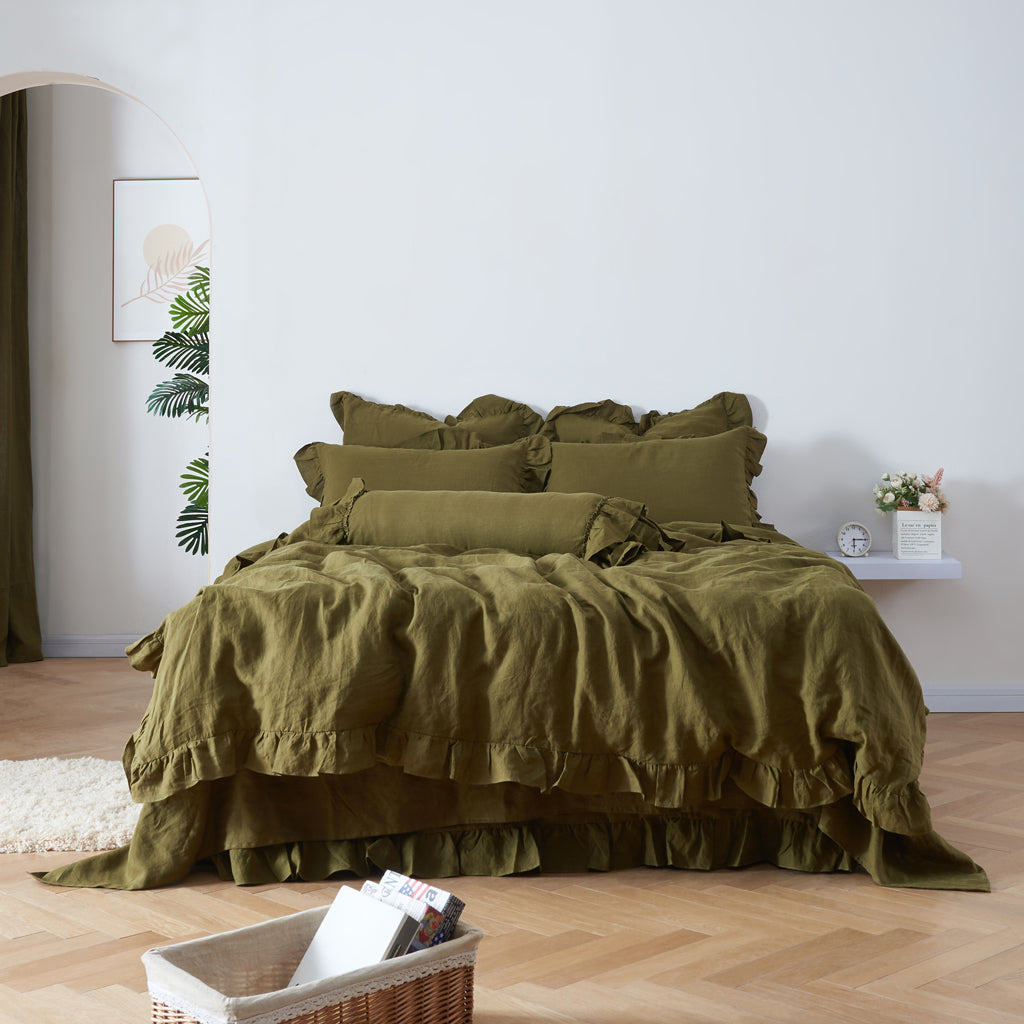 Olive Green Linen Duvet Cover with Ruffle Hem