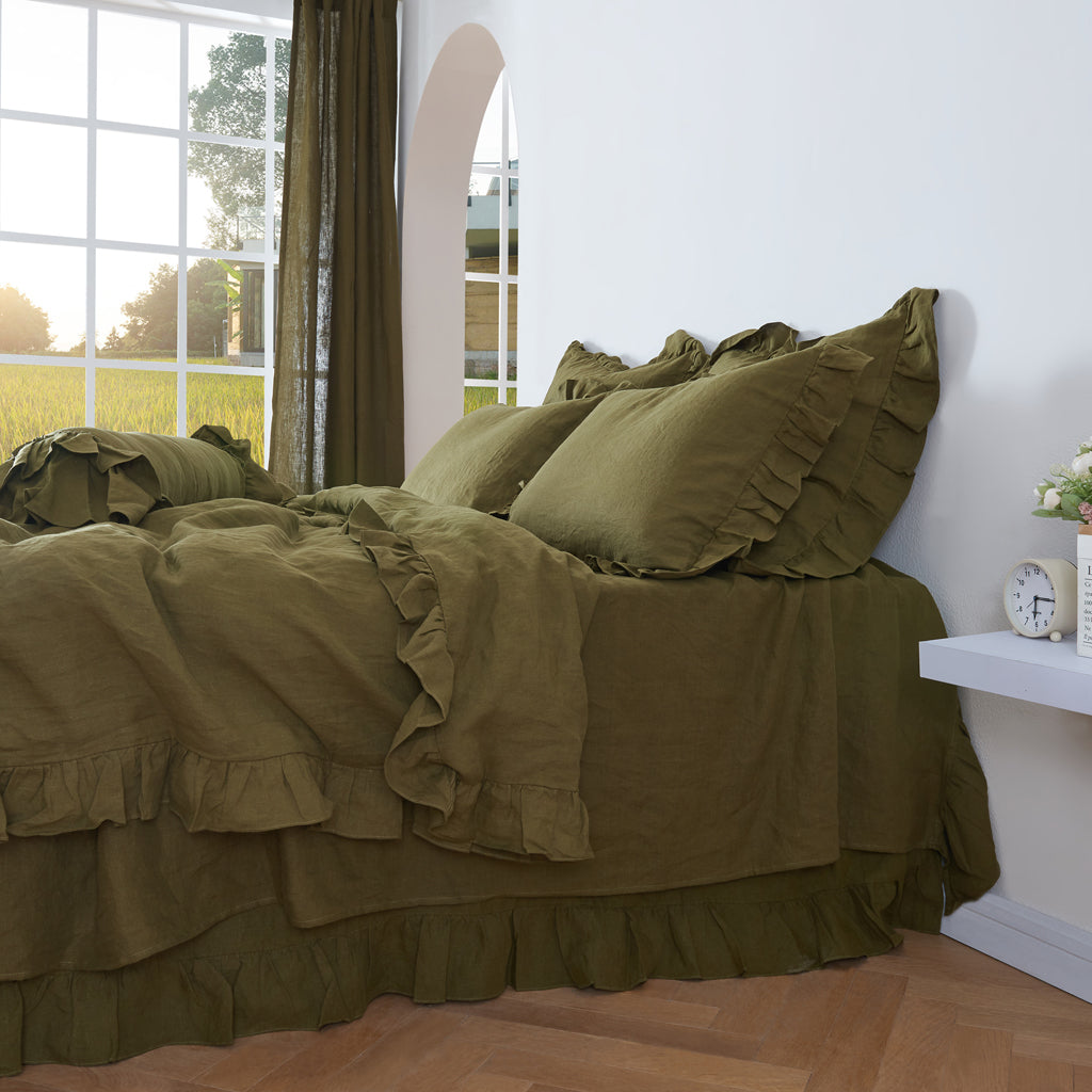 Olive Green Linen Ruffle Hem Bedding